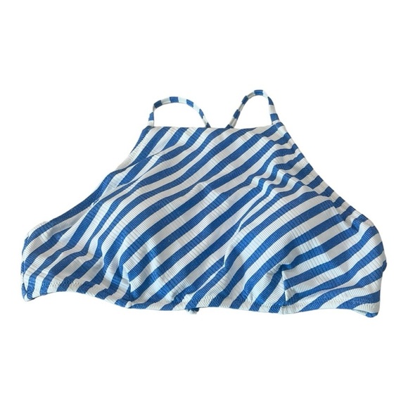 Jessica Simpson blue white metallic stripe lickety-split high neck halter swim - Picture 4 of 11